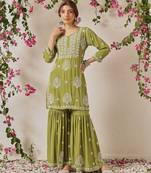 Embroidered mehndi green modal lucknowi chikankari garara set