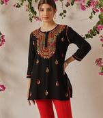 Hand embroidered black cotton lucknowi chikankari short kurti