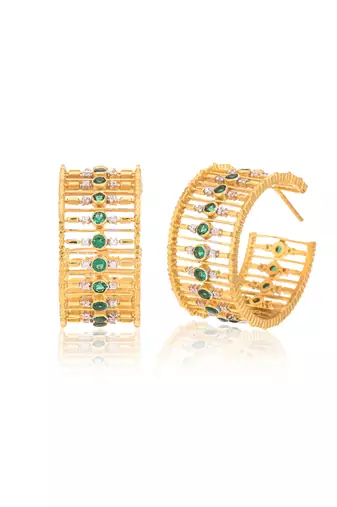 Embellished emerald hoops with yellow gold plating