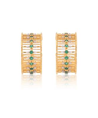 Embellished emerald hoops with yellow gold plating 3