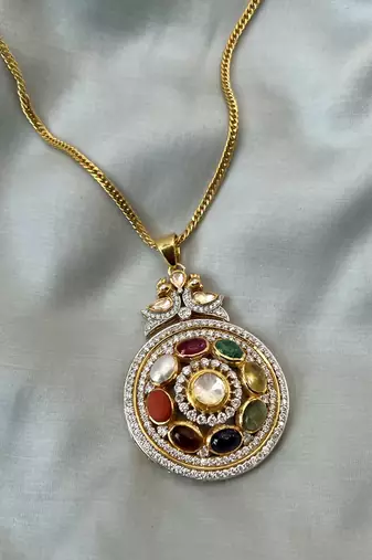 Yellow gold plated navratna pendant