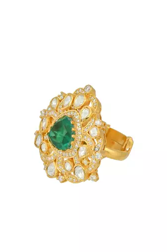 Yellow gold plated ring with green stone