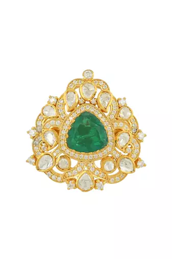 Yellow gold plated ring with green stone