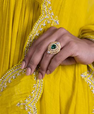 Yellow gold plated silver sterling ring with green stone 1
