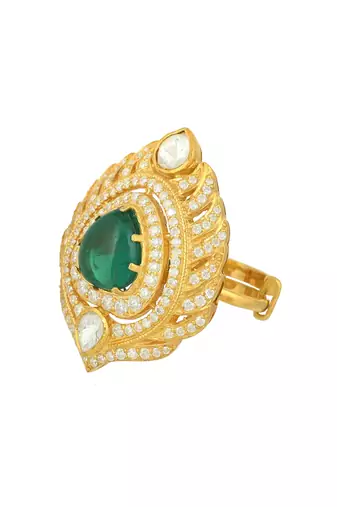 Yellow gold plated silver sterling ring with green stone