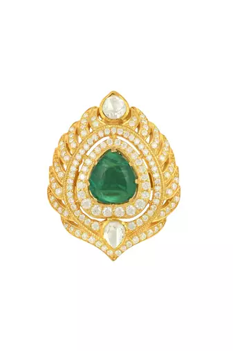 Yellow gold plated silver sterling ring with green stone