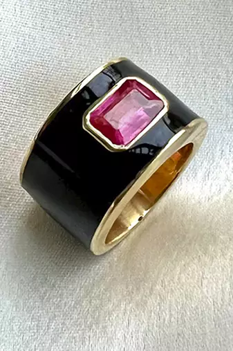 Black enamel ring with natural ruby