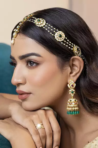 Green studded jewellery sterling silver maang-tikka