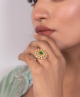 Green sterling silver studded polki ring 1