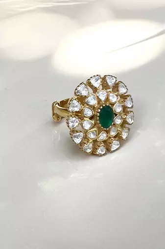 Green sterling silver studded polki ring