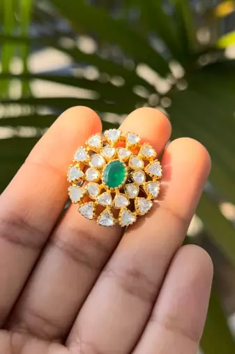 Green sterling silver studded polki ring