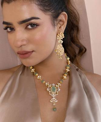 Green studded jewellery sterling silver necklace-set 1