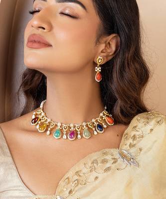 Multicolor  gold plated navratna necklace set 1