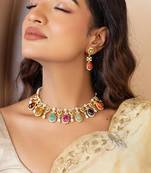 Multicolor  gold plated navratna necklace set