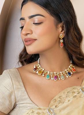 Multicolor  gold plated navratna necklace set 2