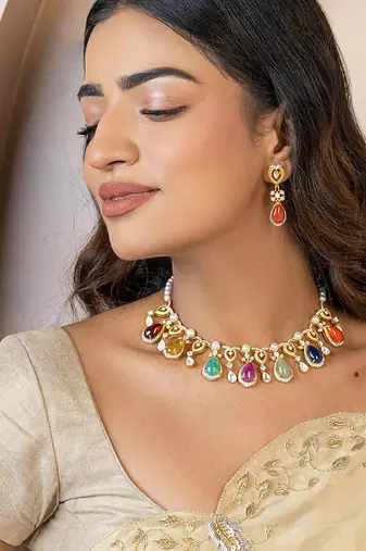 Multicolor  gold plated navratna necklace set