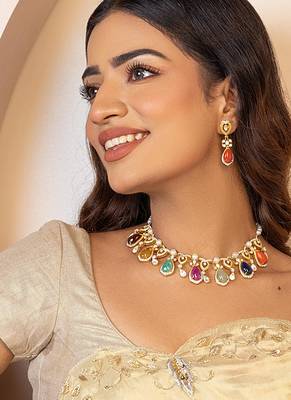 Multicolor  gold plated navratna necklace set 3