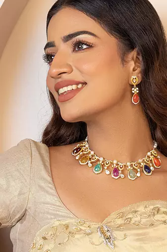 Multicolor  gold plated navratna necklace set