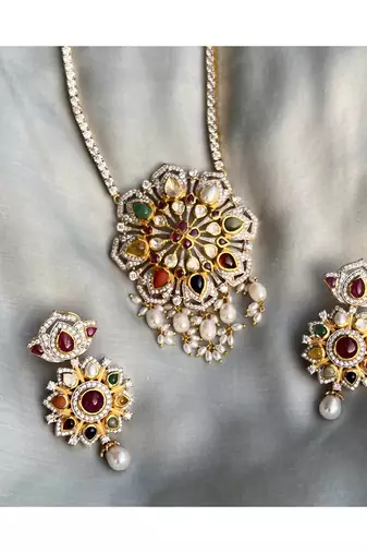 Multicolor sterling silver studded jewellery necklace-set