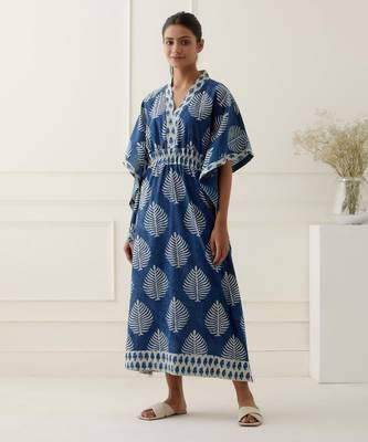 Navy blue cotton floral printed kaftan 1