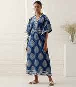 Navy blue cotton floral printed kaftan