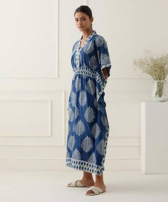 Navy blue cotton floral printed kaftan 2
