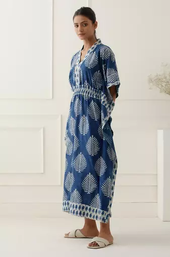 Navy blue cotton floral printed kaftan
