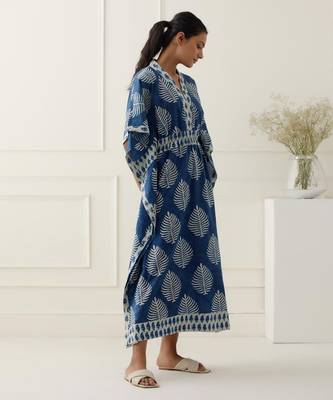Navy blue cotton floral printed kaftan 3