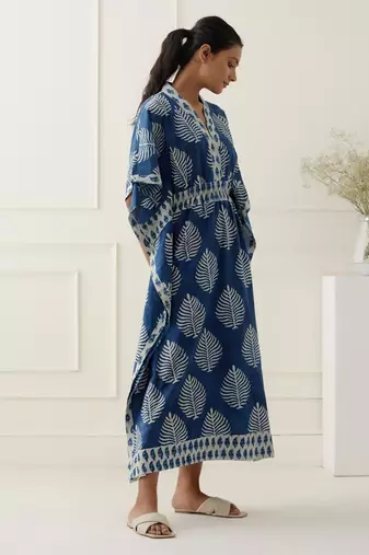 Navy blue cotton floral printed kaftan