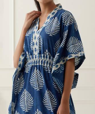 Navy blue cotton floral printed kaftan 4