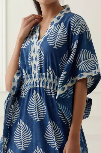 Navy blue cotton floral printed kaftan