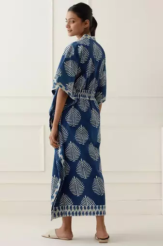 Navy blue cotton floral printed kaftan