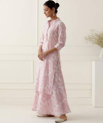 Pink floral printed cotton silk kurta set 2