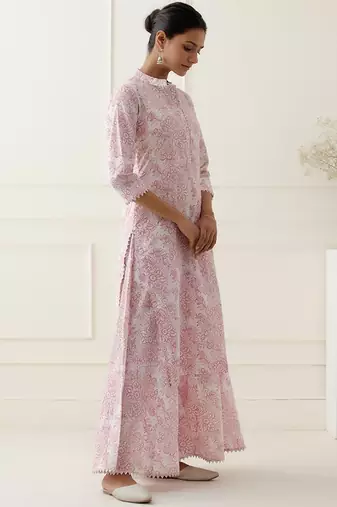 Pink floral printed cotton silk kurta set