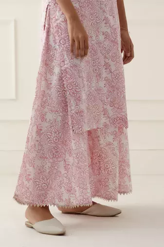 Pink floral printed cotton silk kurta set