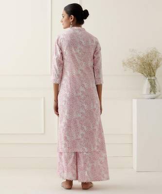 Pink floral printed cotton silk kurta set 5