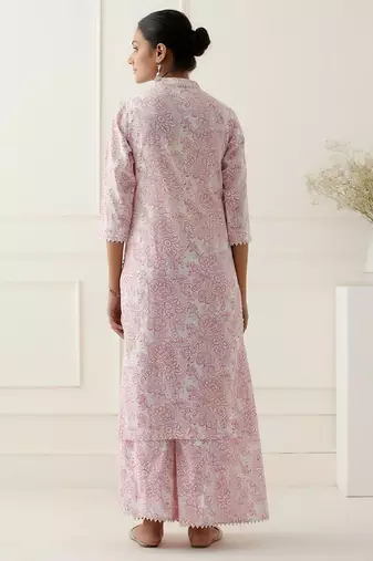 Pink floral printed cotton silk kurta set