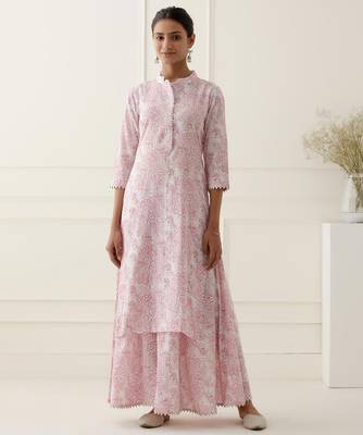 Pink floral printed cotton silk kurta set 1