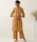 Yellow cotton stripes printed kurta set