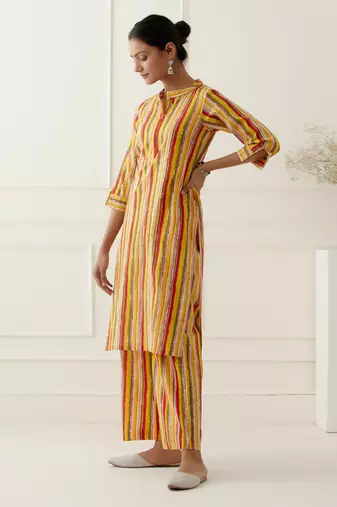 Yellow cotton stripes printed kurta set