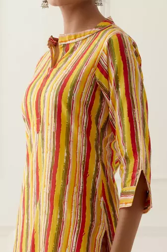 Yellow cotton stripes printed kurta set