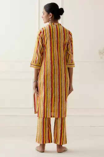 Yellow cotton stripes printed kurta set