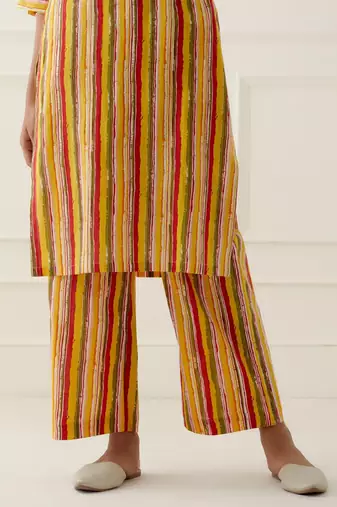 Yellow cotton stripes printed kurta set
