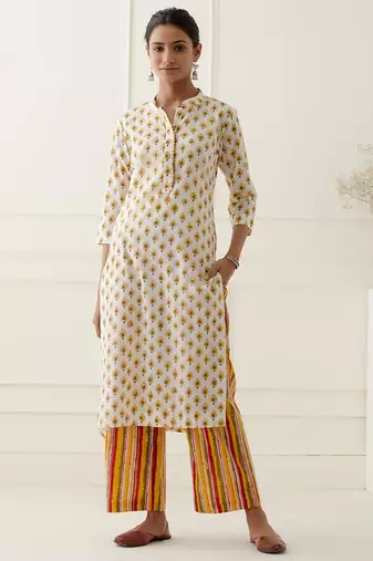 White cotton floral printed kurta set