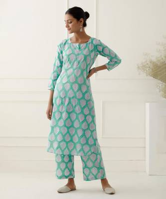 Blue cotton floral printed kurta set 1