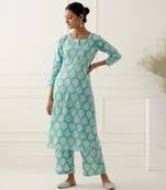 Blue cotton floral printed kurta set