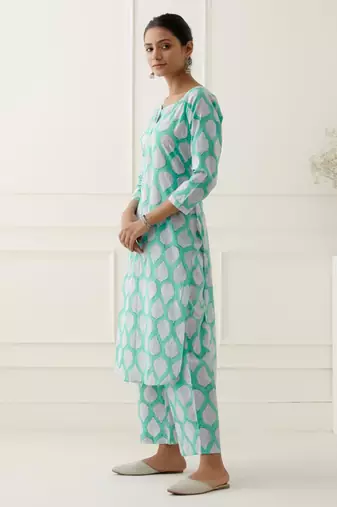 Blue cotton floral printed kurta set