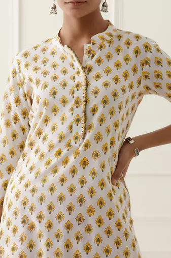 White cotton floral printed kurta set