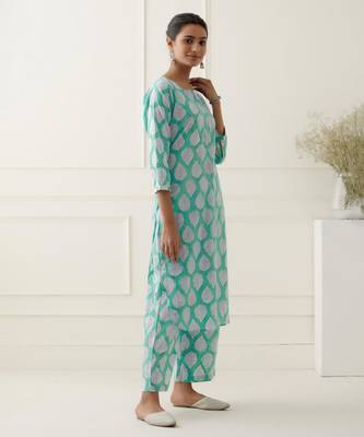 Blue cotton floral printed kurta set 3