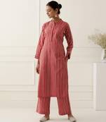 Red cotton stripes printed kurta set